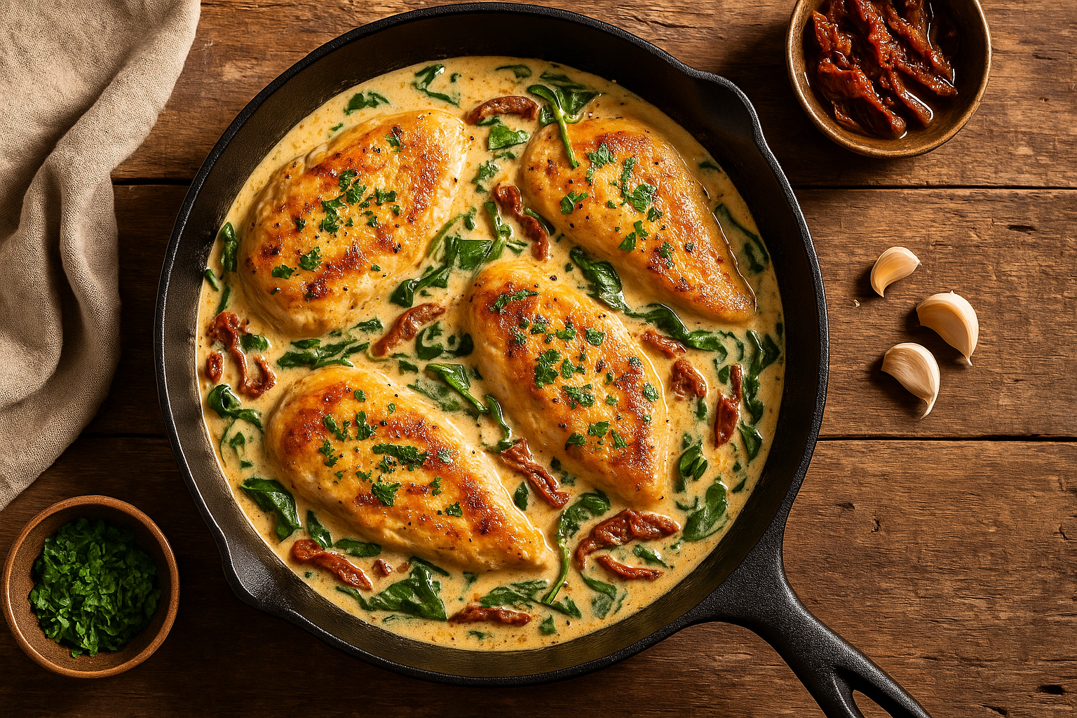 Overhead of creamy Tuscan chicken with spinach and sun-dried tomatoes